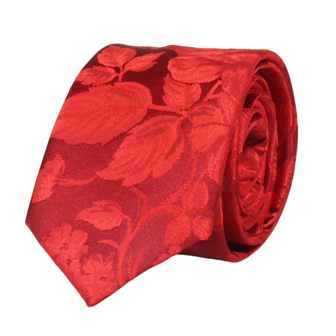 Conjunto de corbata y pañuelo de bolsillo para hombre, corbata formal floral - Rojo