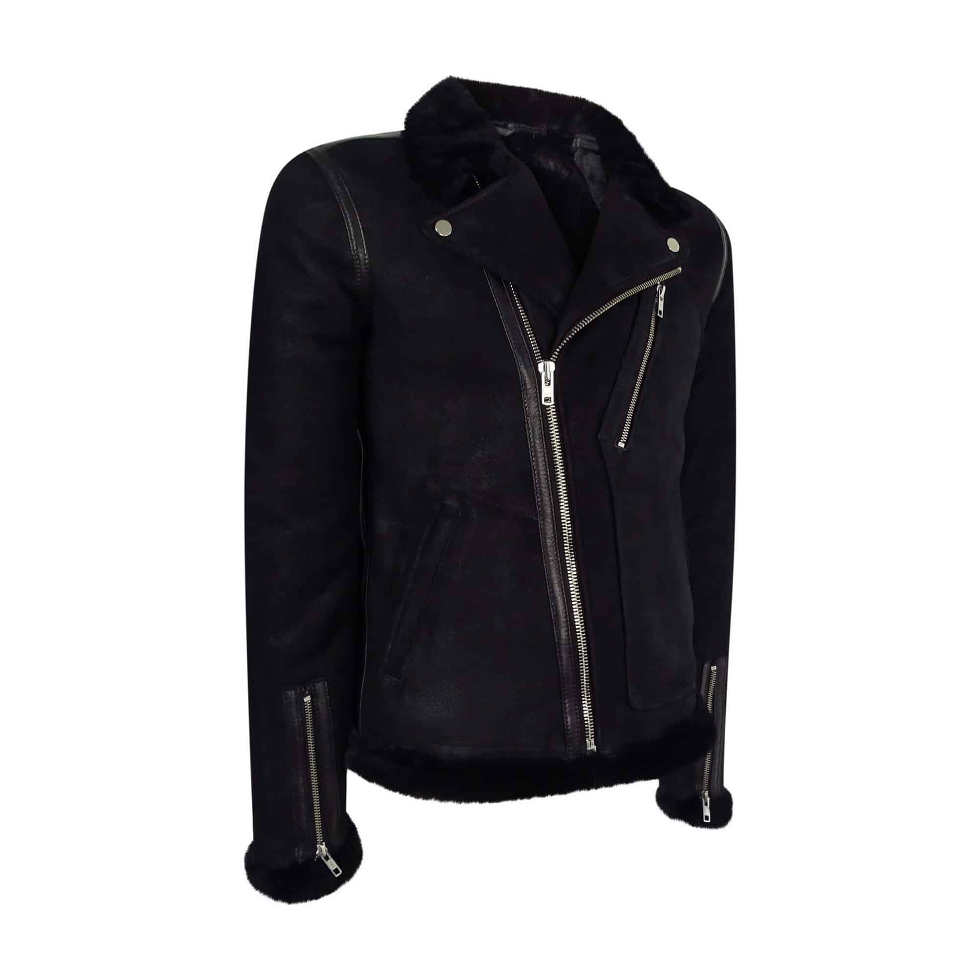 Chaqueta de motorista Brando de piel de oveja negra para hombre