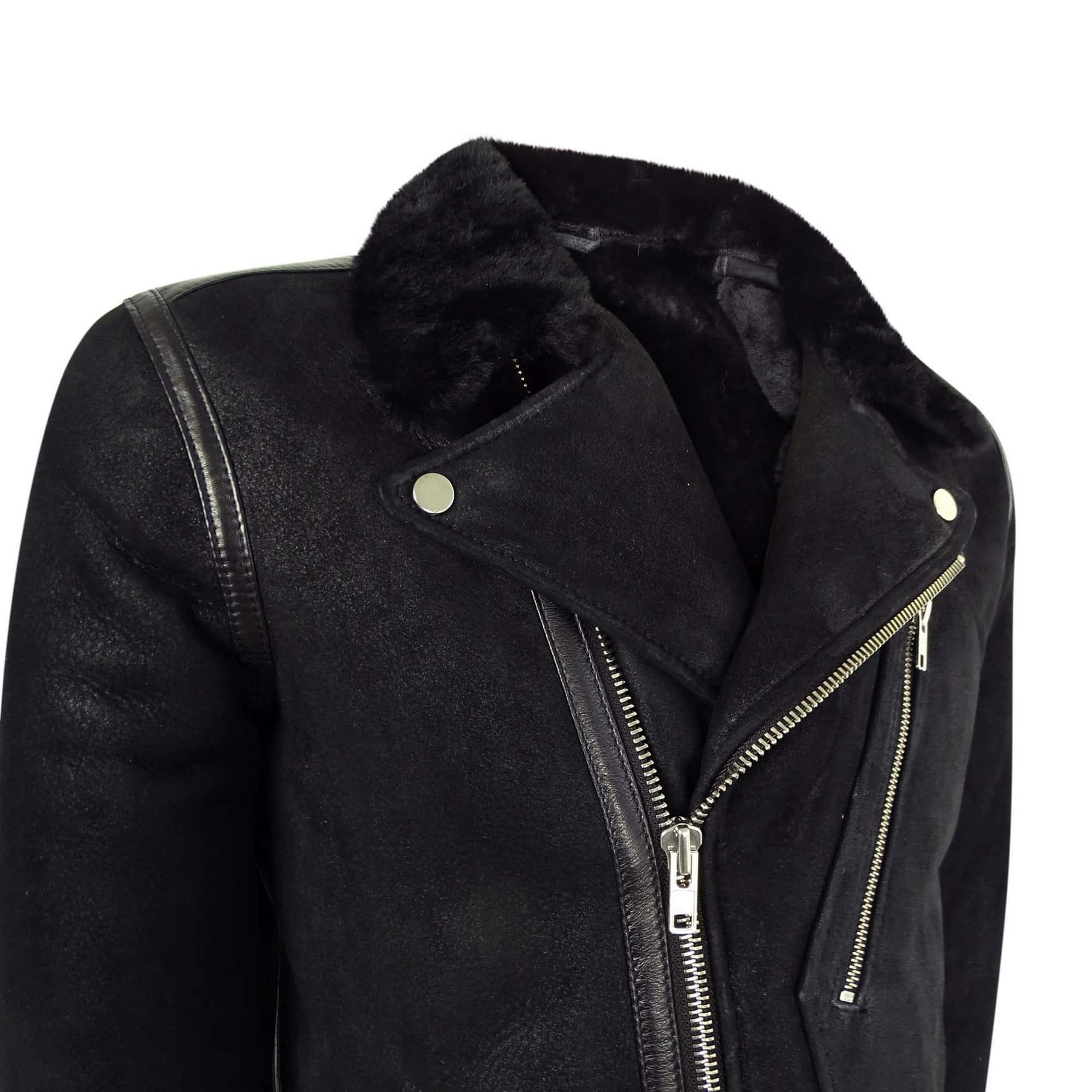 Chaqueta de motorista Brando de piel de oveja negra para hombre