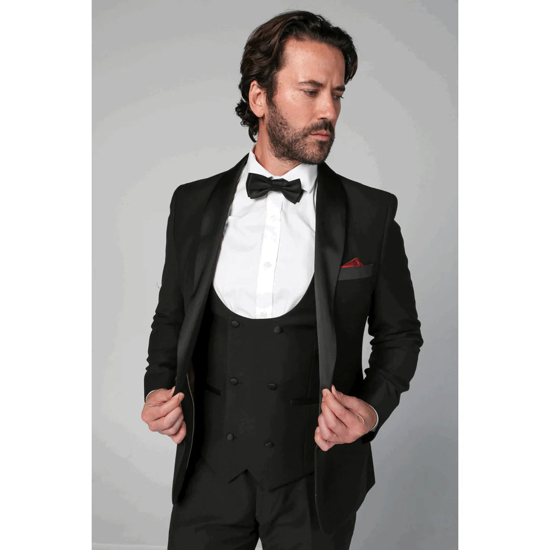 Traje de esmoquin clásico de 3 piezas para hombre Ford, color negro, con solapas de satén.