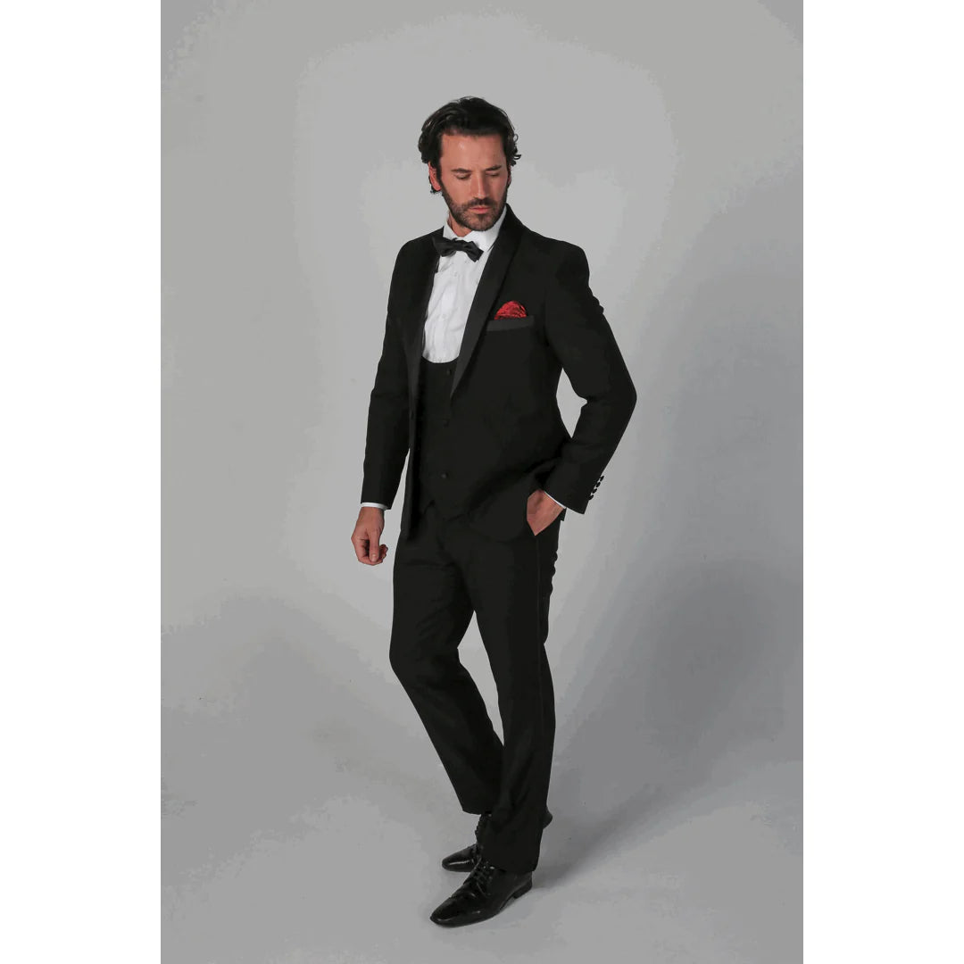 Traje de esmoquin clásico de 3 piezas para hombre Ford, color negro, con solapas de satén.