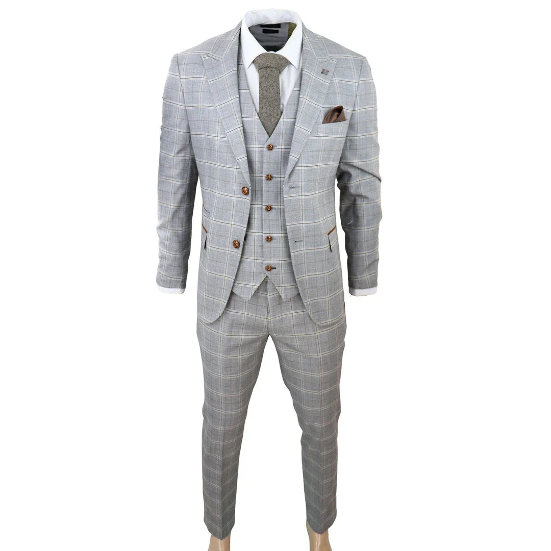Traje de boda de tres piezas para hombre Francis, color gris, con estampado a cuadros marrón claro y ribete de terciopelo.