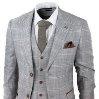 Traje de boda de tres piezas para hombre Francis, color gris, con estampado a cuadros marrón claro y ribete de terciopelo.