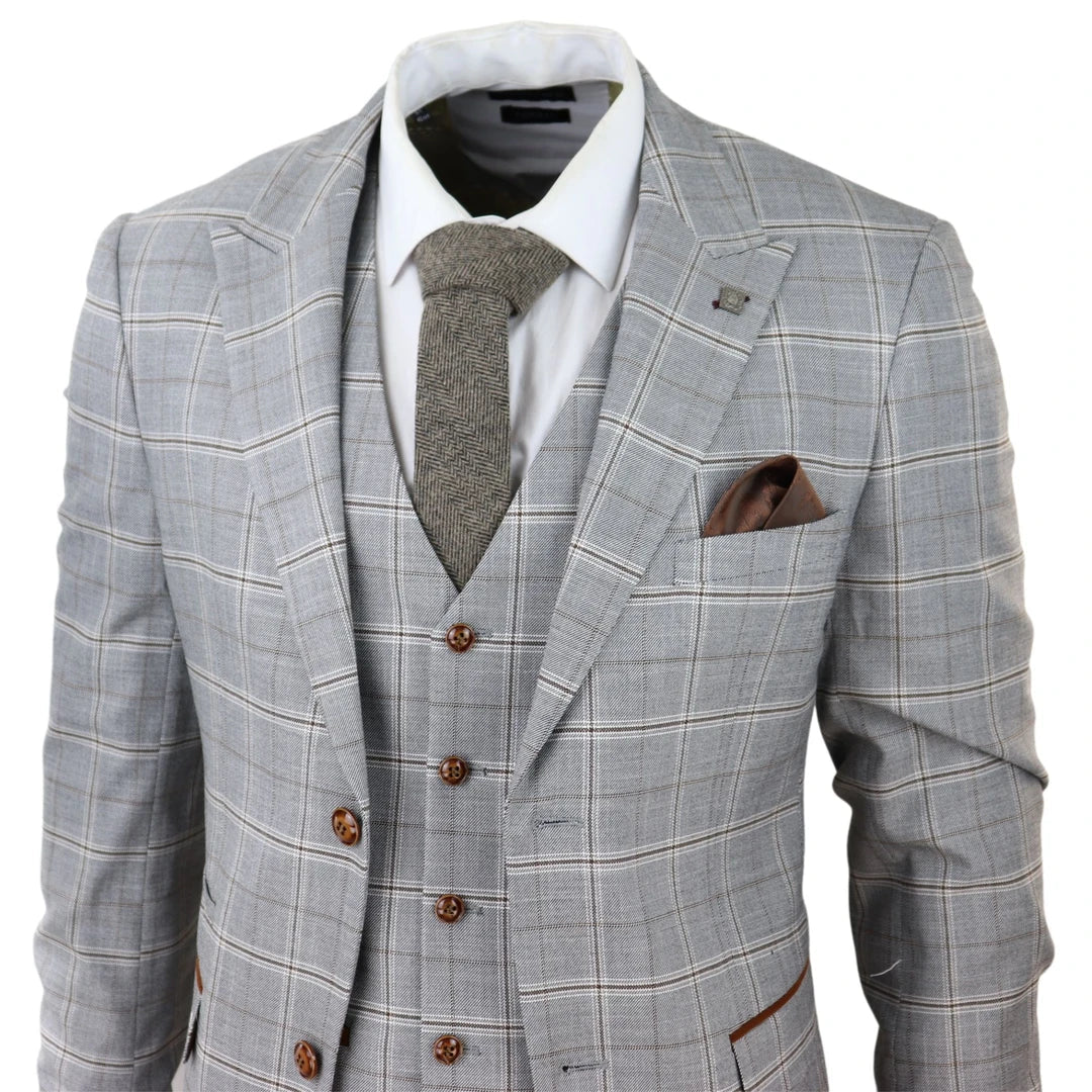 Traje de boda de tres piezas para hombre Francis, color gris, con estampado a cuadros marrón claro y ribete de terciopelo.
