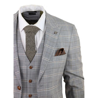Traje de boda de tres piezas para hombre Francis, color gris, con estampado a cuadros marrón claro y ribete de terciopelo.