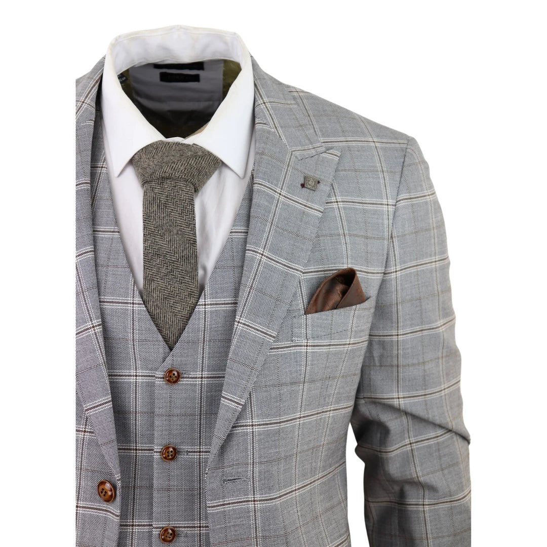 Traje de boda de tres piezas para hombre Francis, color gris, con estampado a cuadros marrón claro y ribete de terciopelo.