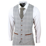 Traje de boda de tres piezas para hombre Francis, color gris, con estampado a cuadros marrón claro y ribete de terciopelo.