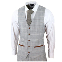 Traje de boda de tres piezas para hombre Francis, color gris, con estampado a cuadros marrón claro y ribete de terciopelo.