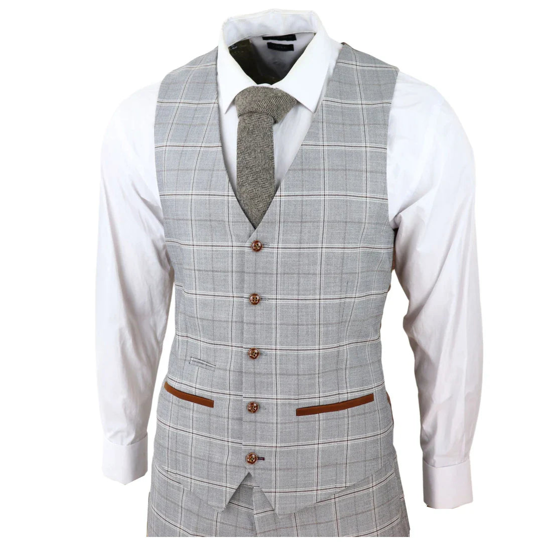 Traje de boda de tres piezas para hombre Francis, color gris, con estampado a cuadros marrón claro y ribete de terciopelo.