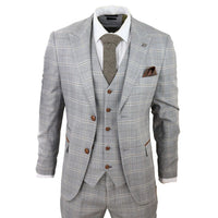 Traje de boda de tres piezas para hombre Francis, color gris, con estampado a cuadros marrón claro y ribete de terciopelo.