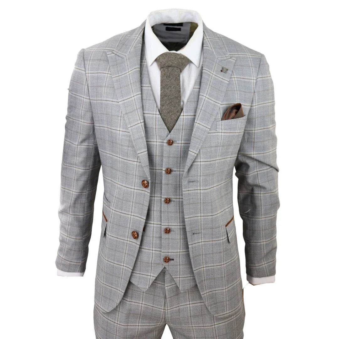 Traje de boda de tres piezas para hombre Francis, color gris, con estampado a cuadros marrón claro y ribete de terciopelo.