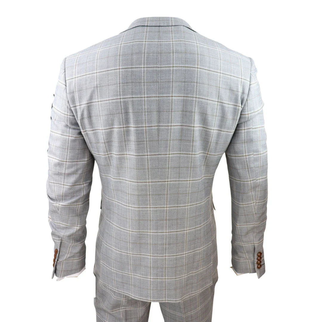 Traje de boda de tres piezas para hombre Francis, color gris, con estampado a cuadros marrón claro y ribete de terciopelo.