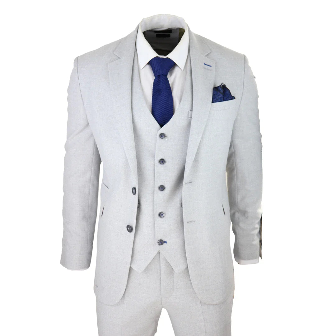 Traje de hombre de tweed gris claro de 3 piezas, corte entallado, estilo clásico vintage de los años 20, ideal para bodas.