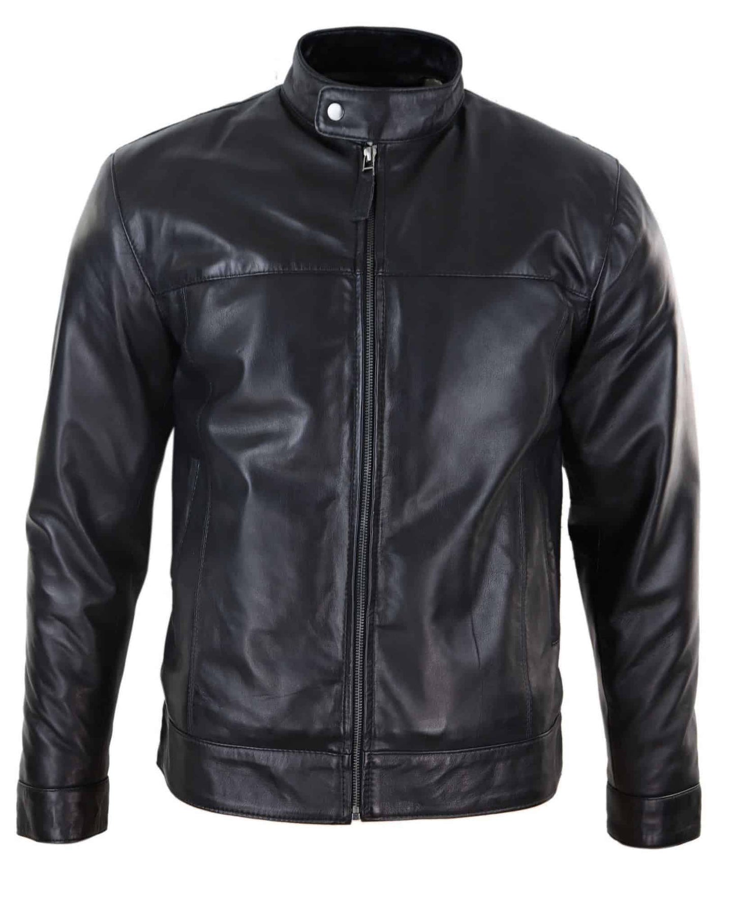 Chaqueta de motociclista para hombre de cuero auténtico negro