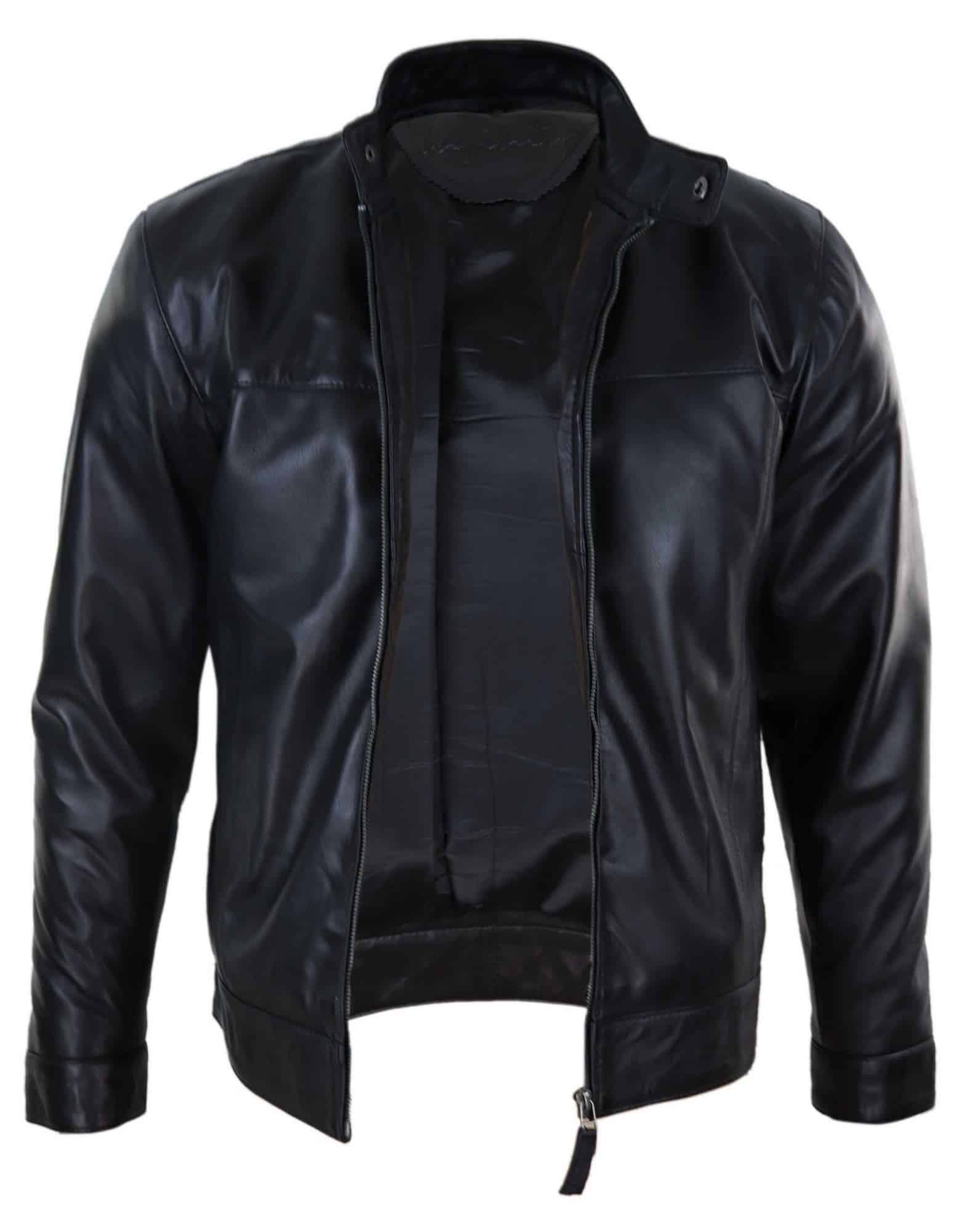 Chaqueta de motociclista para hombre de cuero auténtico negro
