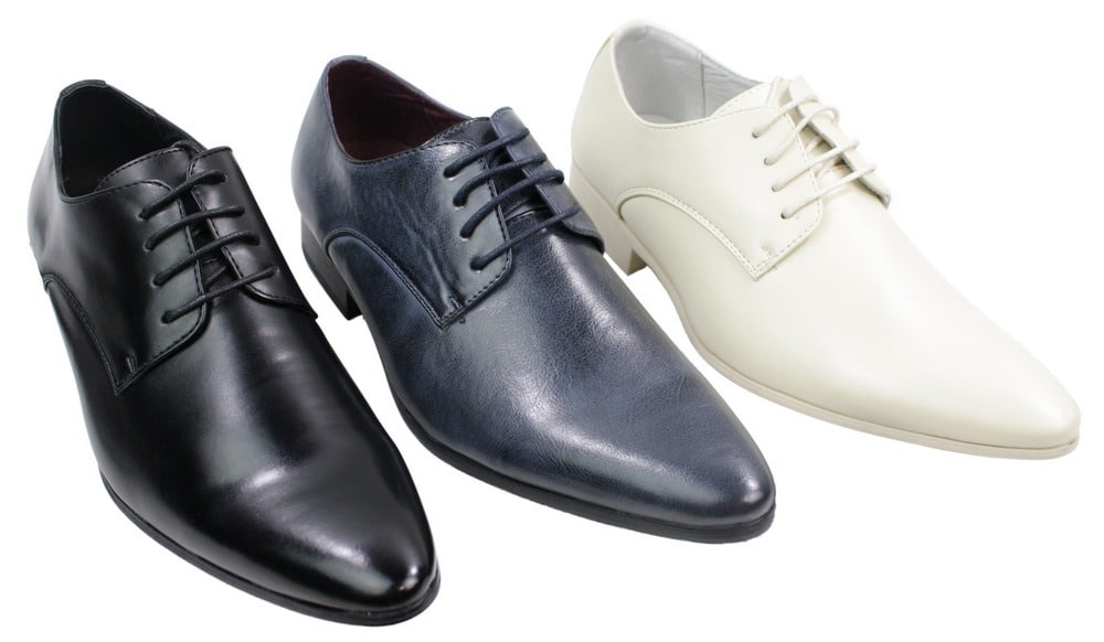 Zapatos elegantes de cuero azul, negro, crema y beige de diseño italiano para hombre.