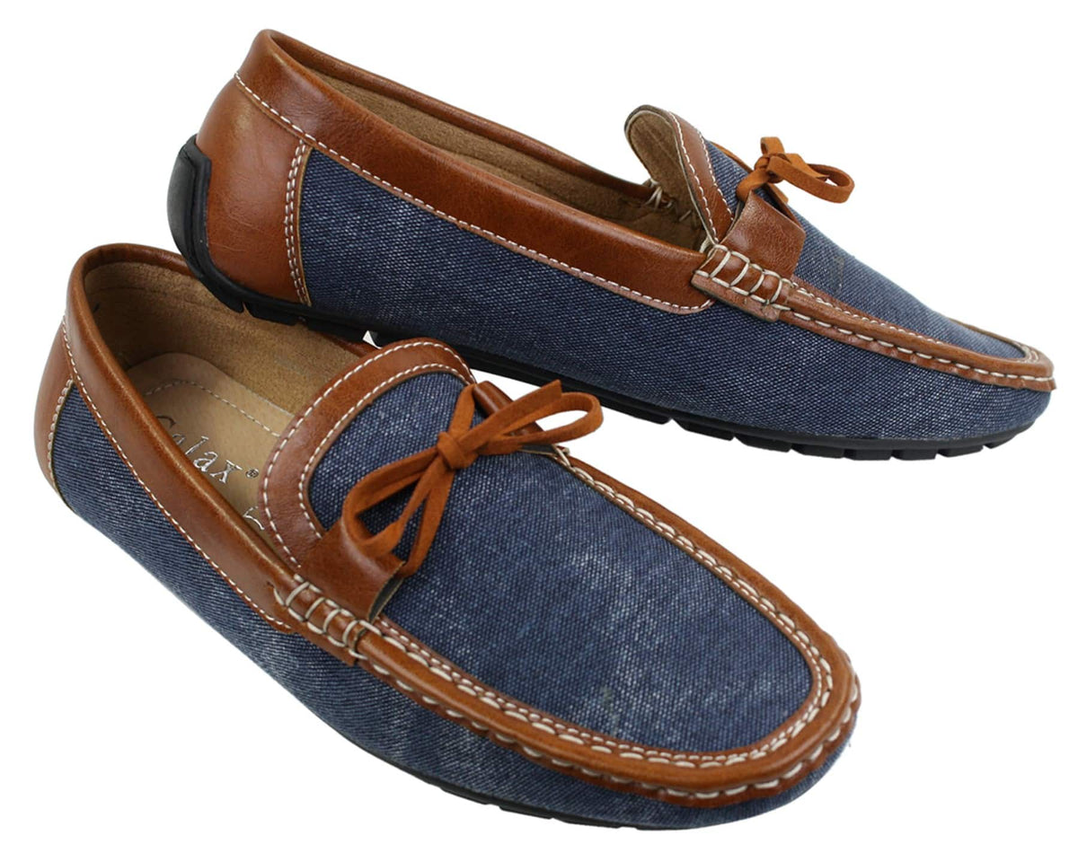 Zapatos mocasines de cuero y mezclilla para hombre, estilo casual elegante, color azul marino y marrón claro, estilo italiano.