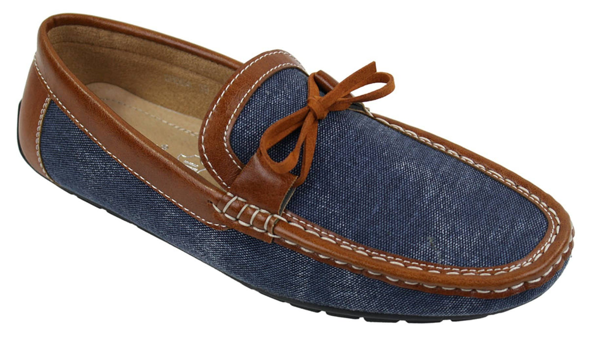 Zapatos mocasines de cuero y mezclilla para hombre, estilo casual elegante, color azul marino y marrón claro, estilo italiano.