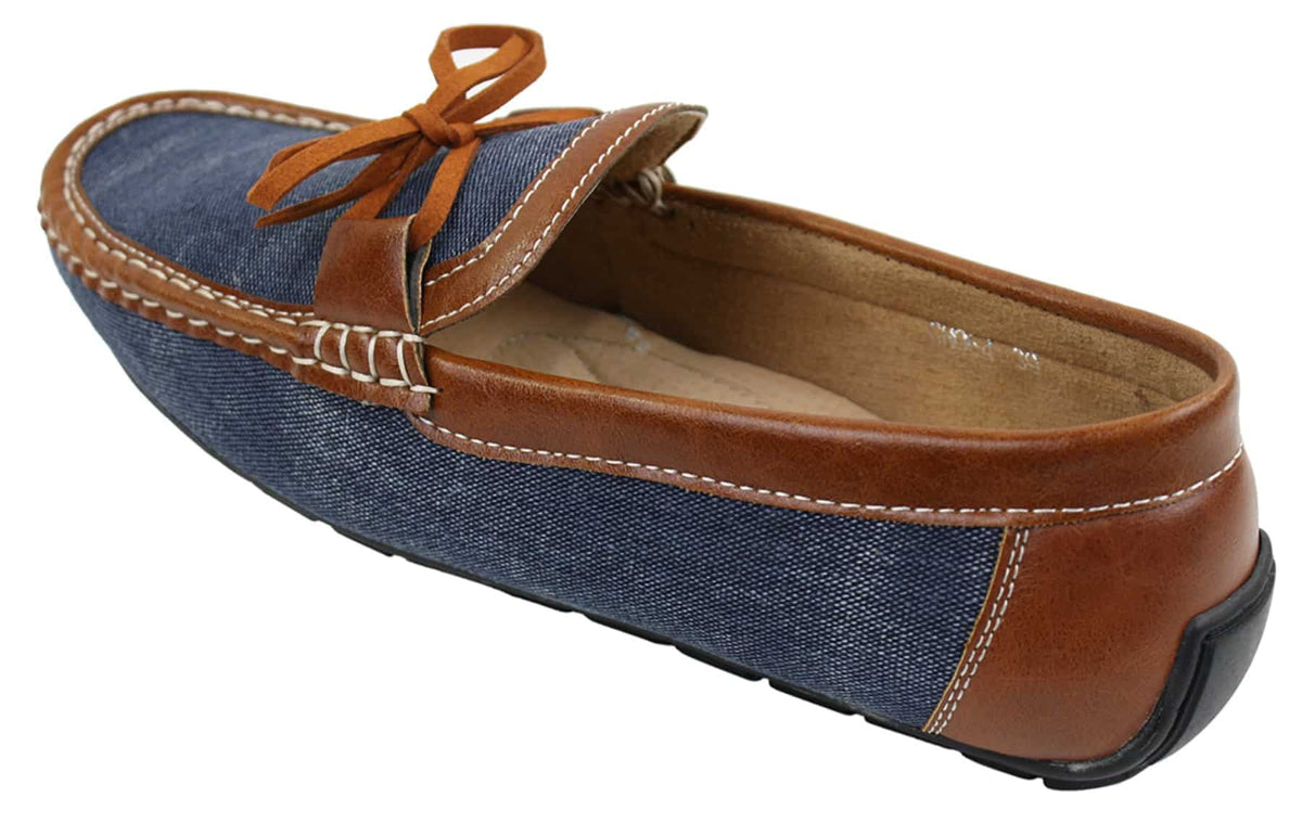 Zapatos mocasines de cuero y mezclilla para hombre, estilo casual elegante, color azul marino y marrón claro, estilo italiano.