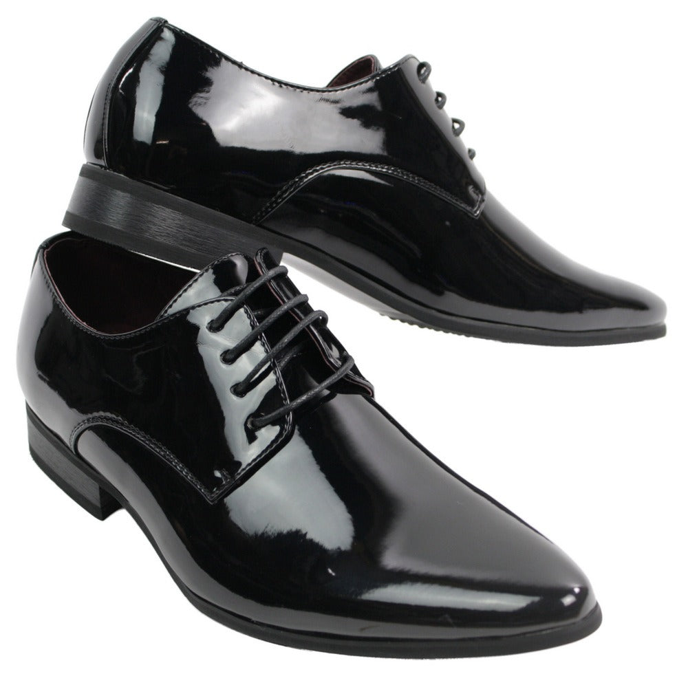 Zapatos elegantes de hombre con cordones, forrados en piel, ideales para la oficina, fiestas y bodas. Diseño italiano, charol brillante.