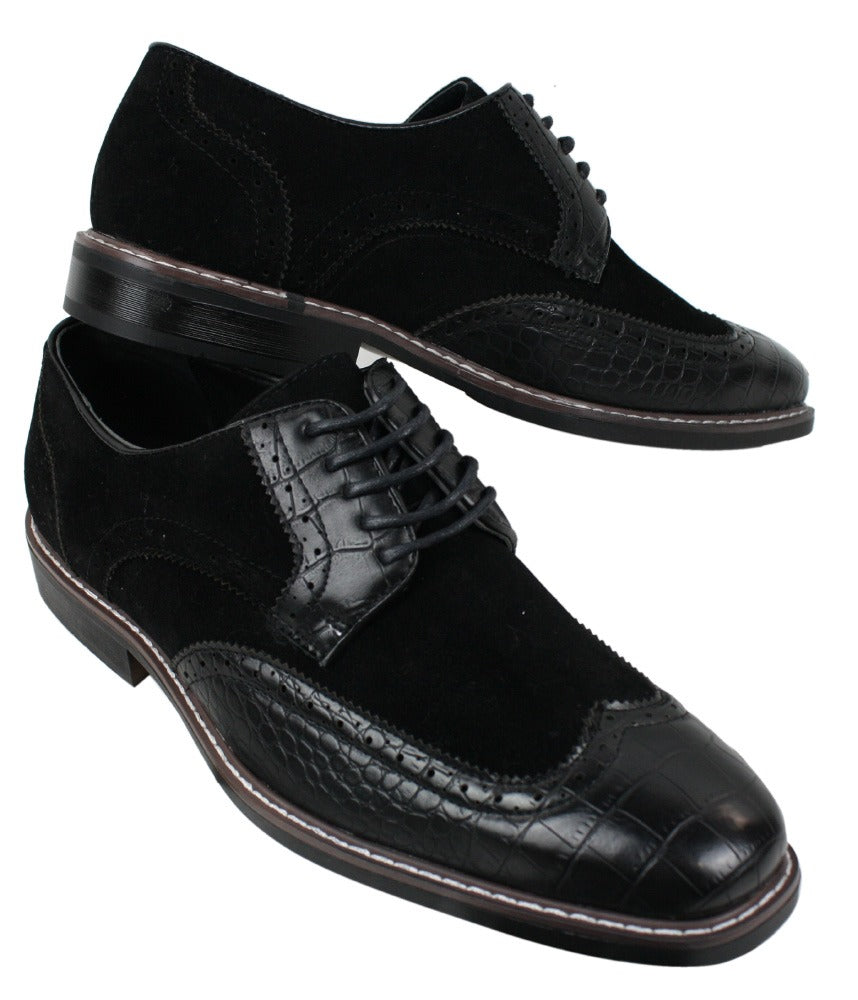 Zapatos brogue para hombre, estilo Gatsby Vintage, en ante negro y marrón con detalles de piel de serpiente.