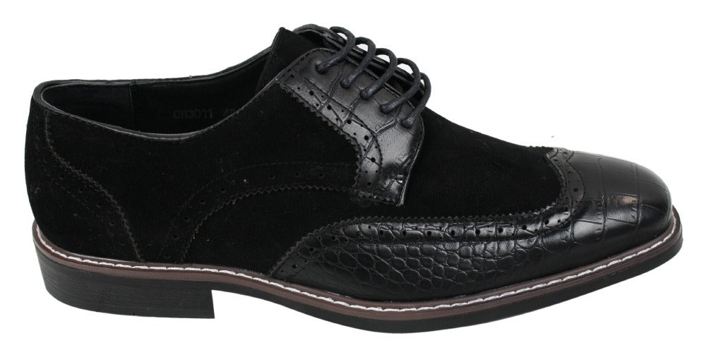 Zapatos brogue para hombre, estilo Gatsby Vintage, en ante negro y marrón con detalles de piel de serpiente.