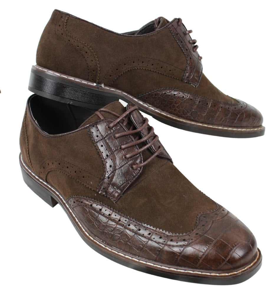 Zapatos brogue para hombre, estilo Gatsby Vintage, en ante negro y marrón con detalles de piel de serpiente.