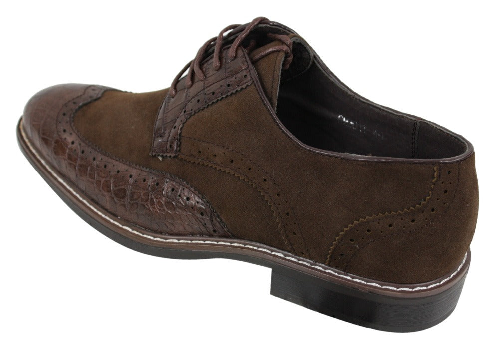 Zapatos brogue para hombre, estilo Gatsby Vintage, en ante negro y marrón con detalles de piel de serpiente.