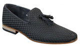 Zapatos de conducir para hombre sin cordones con borlas, estilo casual elegante retro, azul marino, forrados en cuero negro.