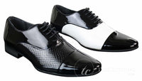Zapatos de hombre elegantes con cordones, de charol brillante con diseño de piel de serpiente, de estilo italiano, en blanco y negro.