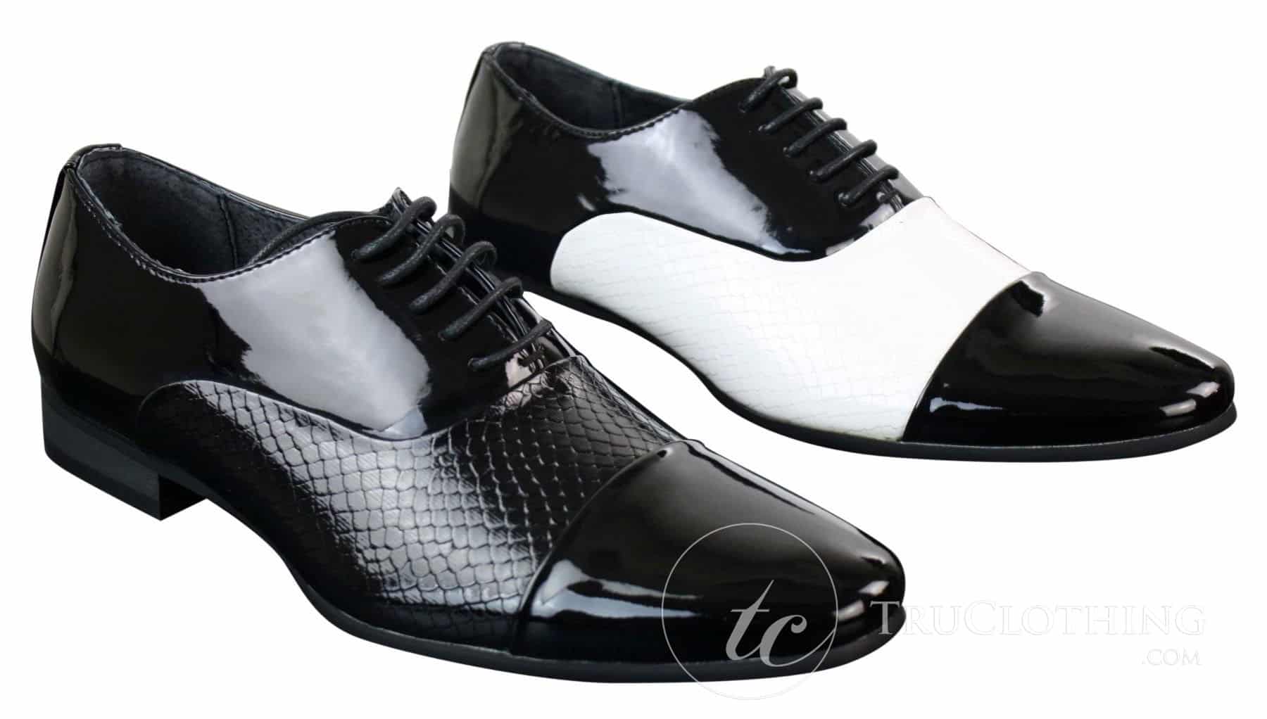 Zapatos de hombre elegantes con cordones, de charol brillante con diseño de piel de serpiente, de estilo italiano, en blanco y negro.