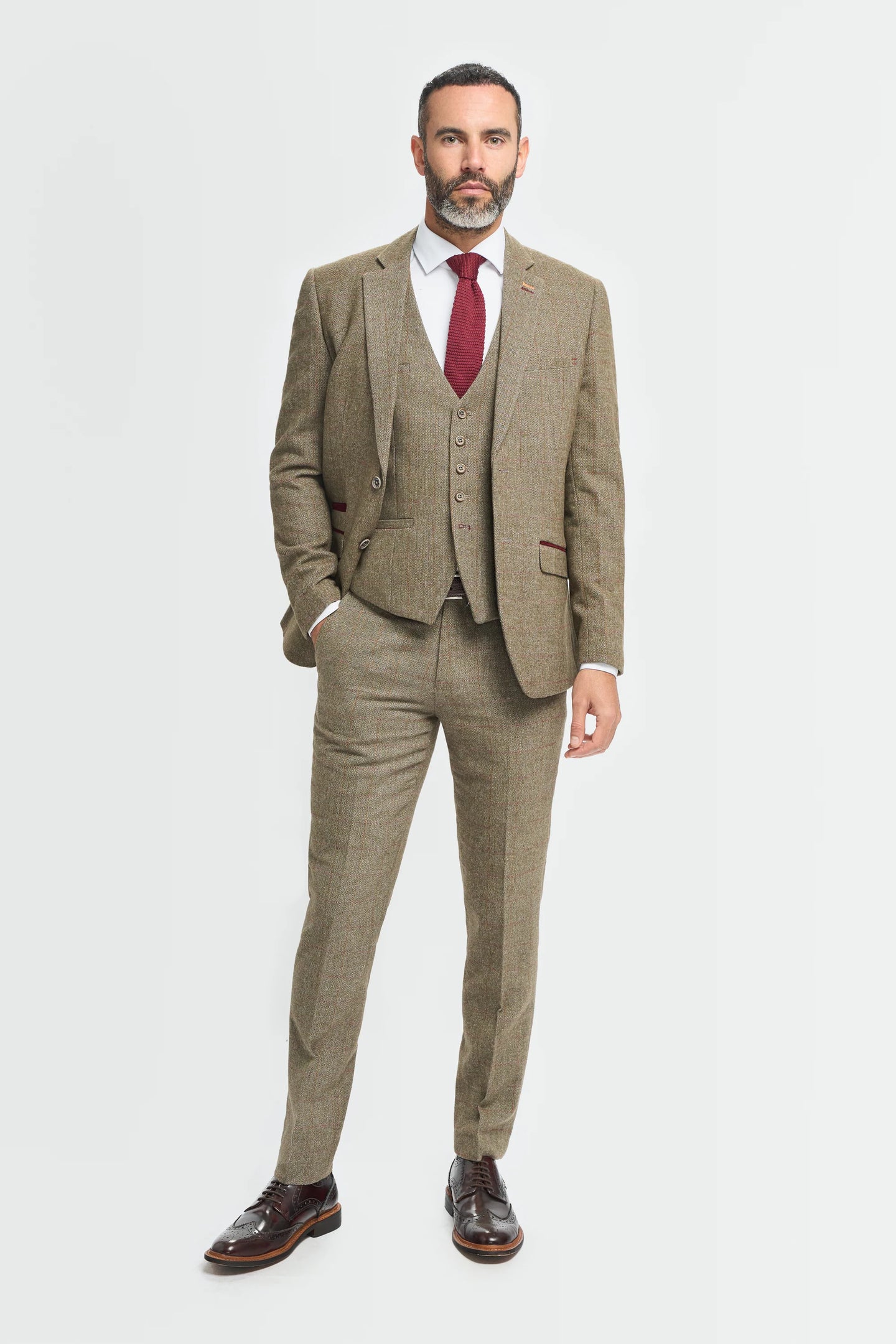 Traje de hombre de tweed a cuadros verde oliva