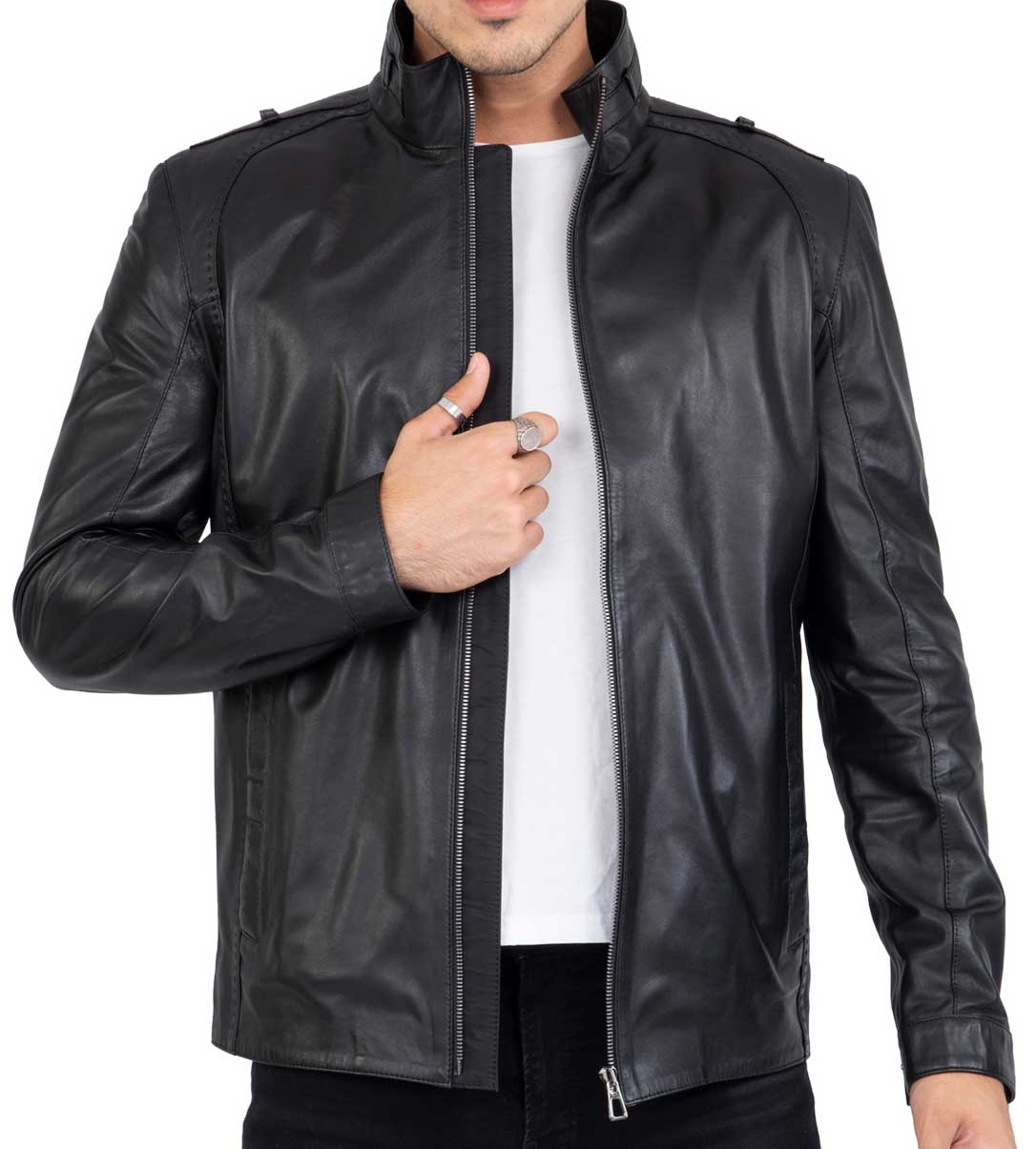Chaqueta larga de piel de cordero auténtica para hombre, corte entallado - B208