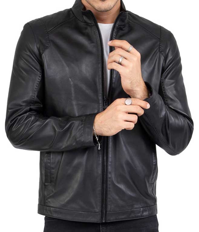Chaqueta negra de piel de cordero auténtica para hombre, corte entallado - B204