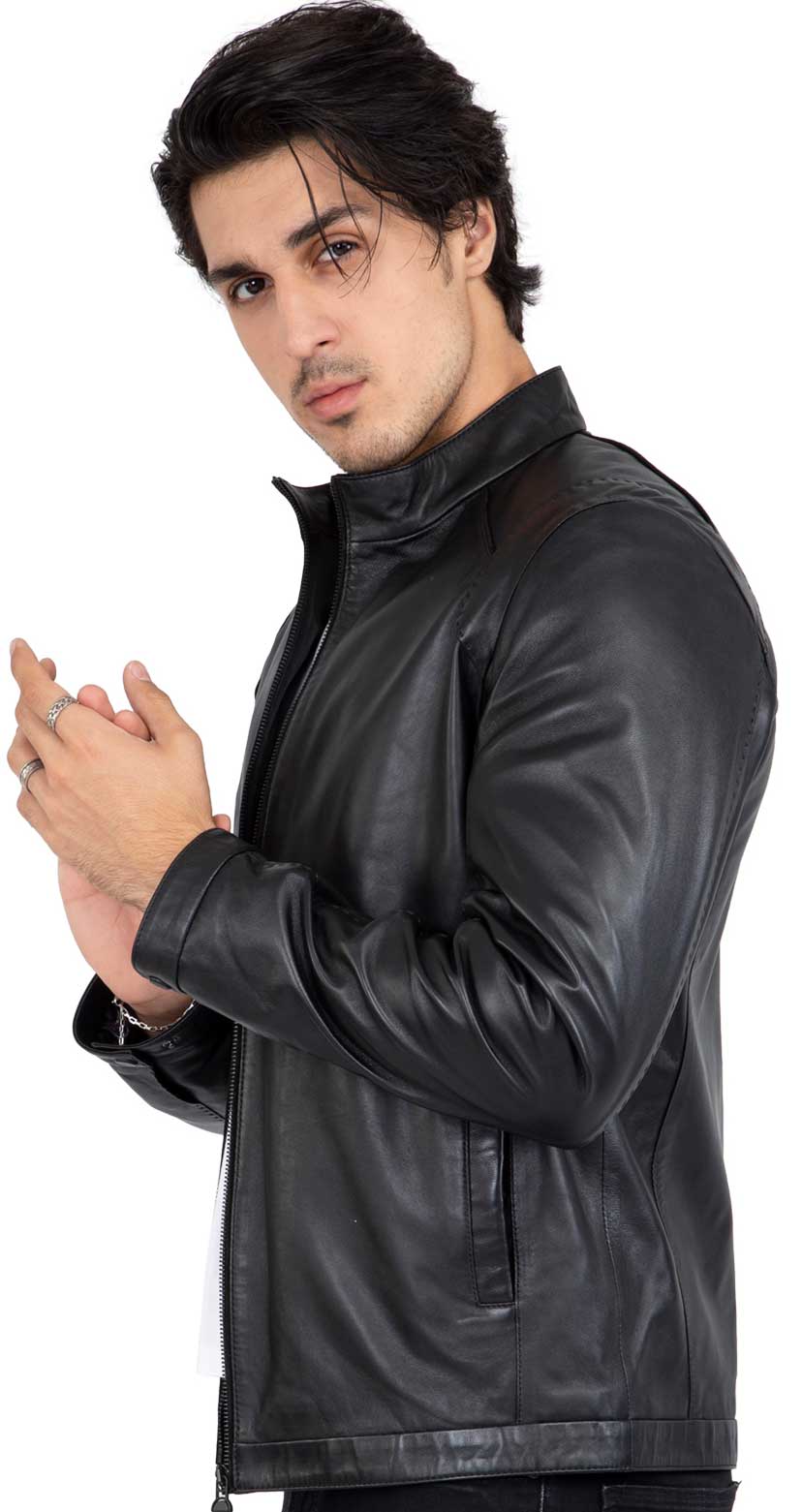 Chaqueta negra de piel de cordero auténtica para hombre, corte entallado - B204