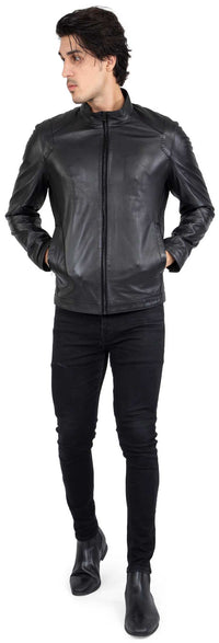 Chaqueta negra de piel de cordero auténtica para hombre, corte entallado - B204