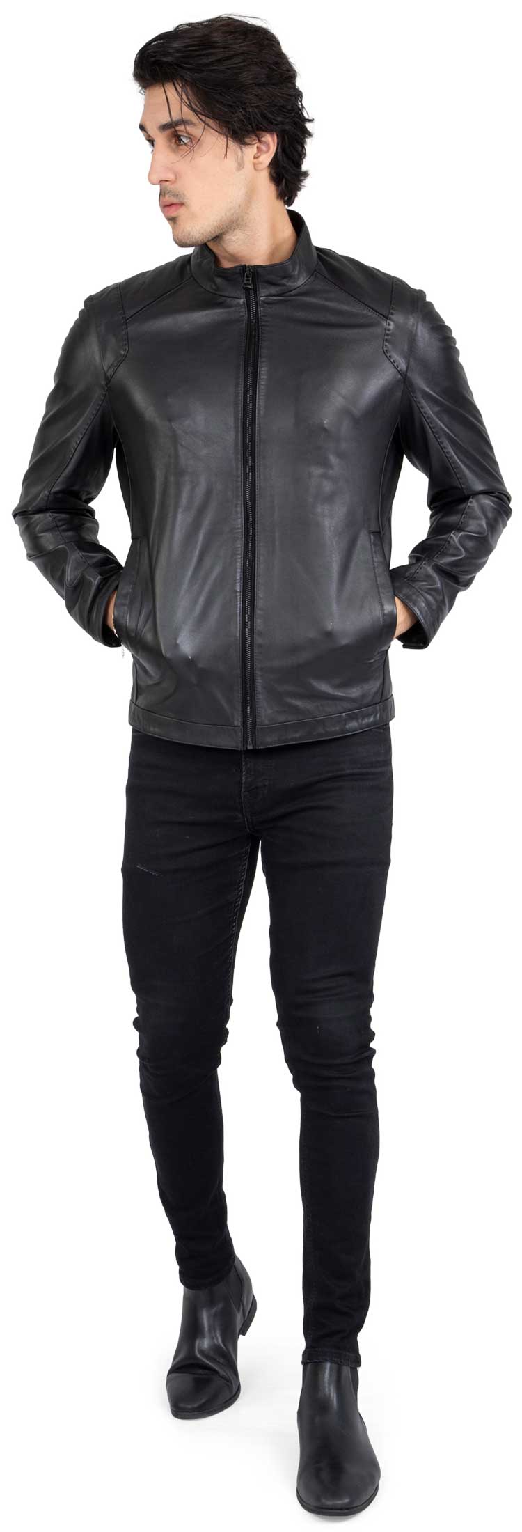 Chaqueta negra de piel de cordero auténtica para hombre, corte entallado - B204