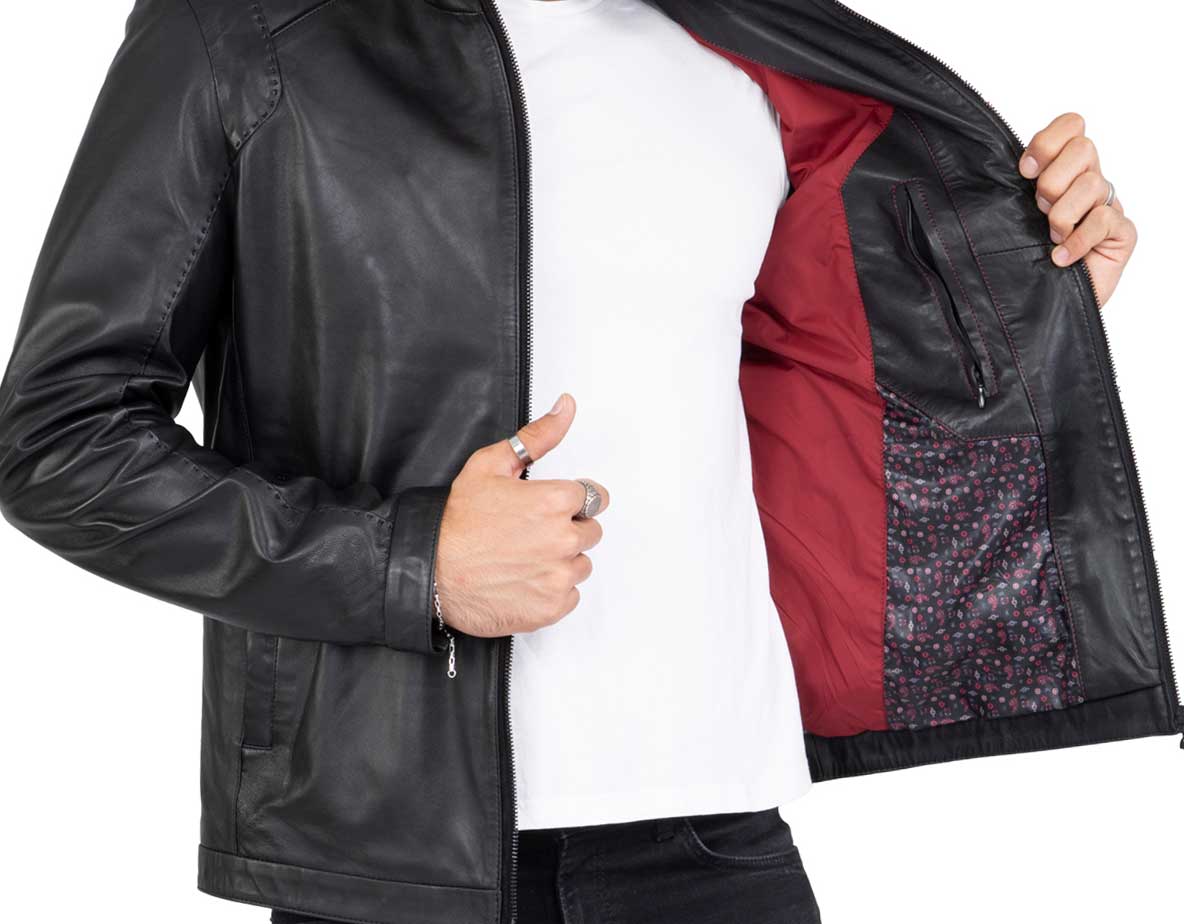 Chaqueta negra de piel de cordero auténtica para hombre, corte entallado - B204