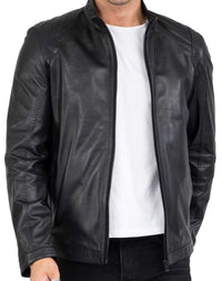 Chaqueta negra de piel de cordero auténtica para hombre, corte entallado - B204