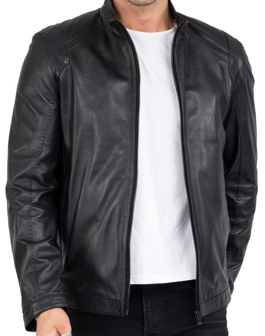 Chaqueta negra de piel de cordero auténtica para hombre, corte entallado - B204