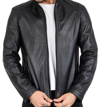 Chaqueta negra de piel de cordero auténtica para hombre, corte entallado - B204
