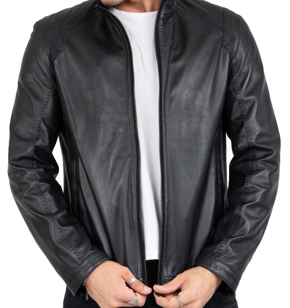 Chaqueta negra de piel de cordero auténtica para hombre, corte entallado - B204
