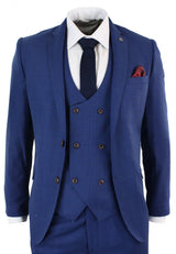 Traje de tres piezas ajustado a cuadros azules para hombre