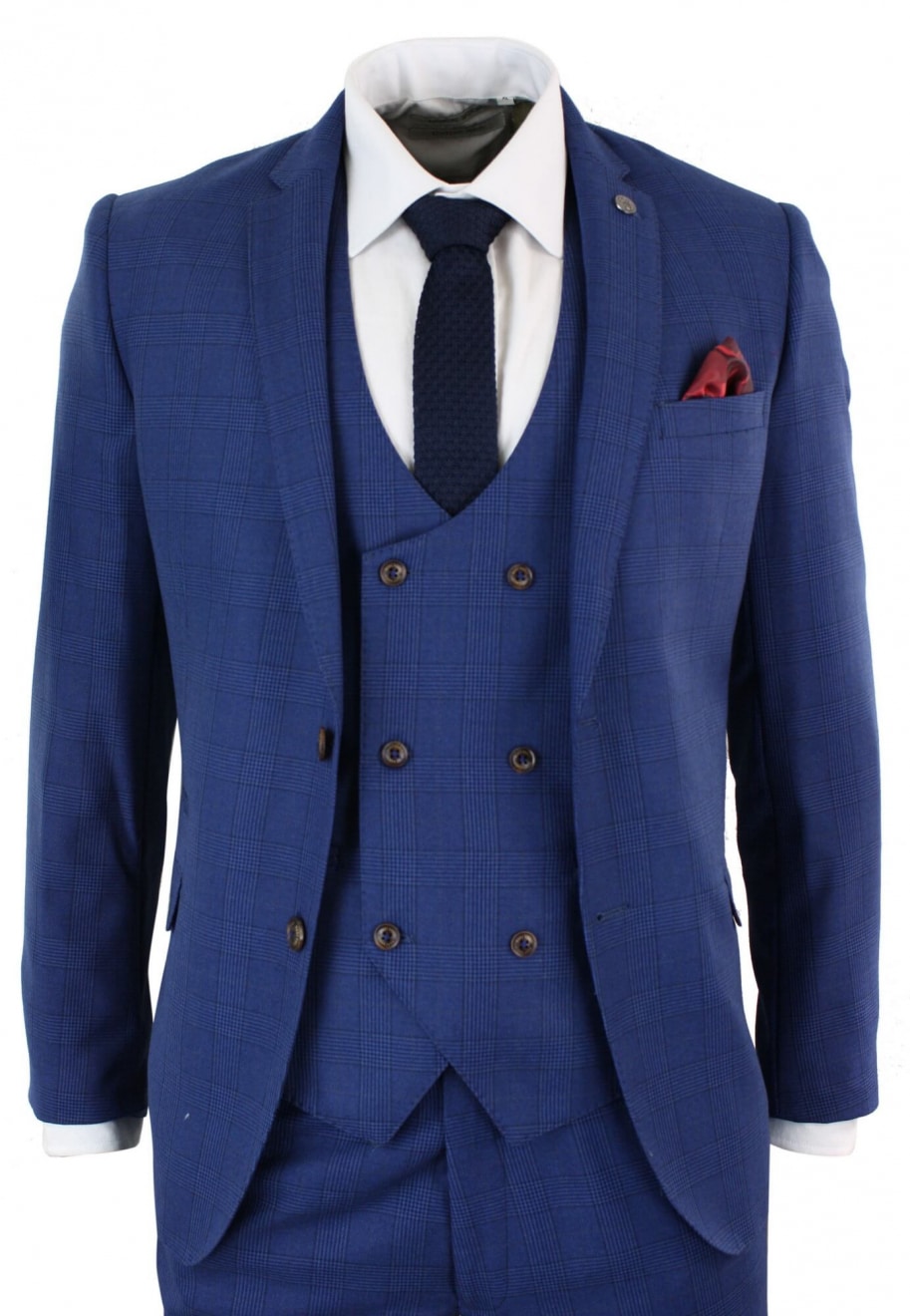 Traje de tres piezas ajustado a cuadros azules para hombre