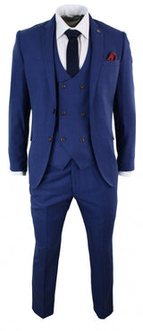 Traje de tres piezas ajustado a cuadros azules para hombre