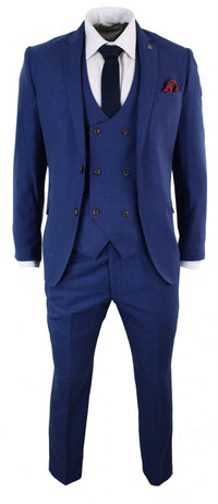 Traje de tres piezas ajustado a cuadros azules para hombre