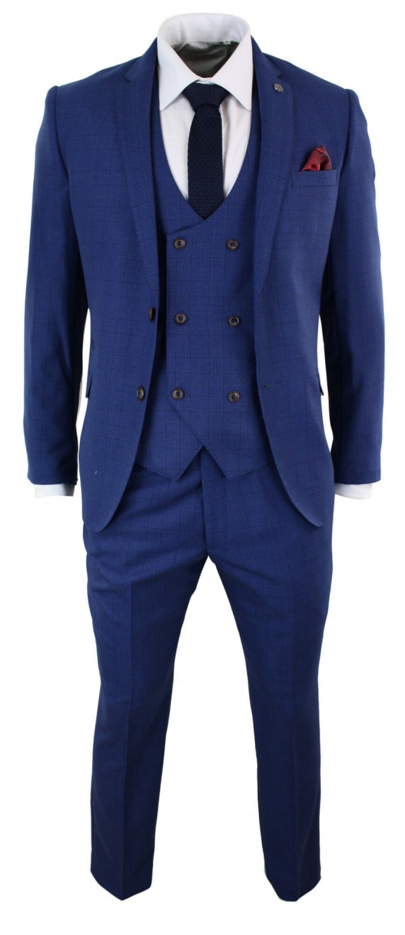 Traje de tres piezas ajustado a cuadros azules para hombre
