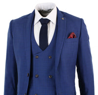 Traje de tres piezas ajustado a cuadros azules para hombre