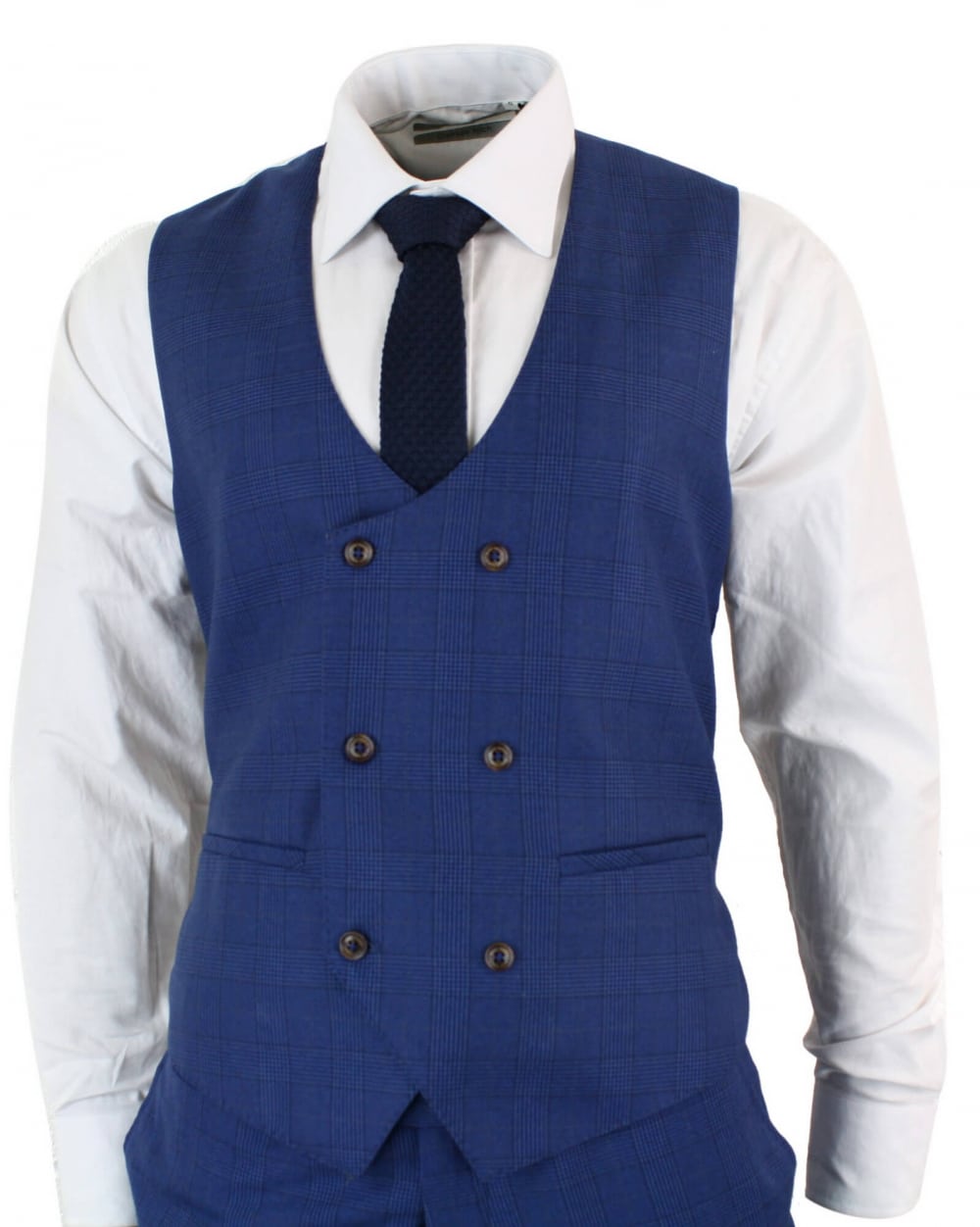 Traje de tres piezas ajustado a cuadros azules para hombre
