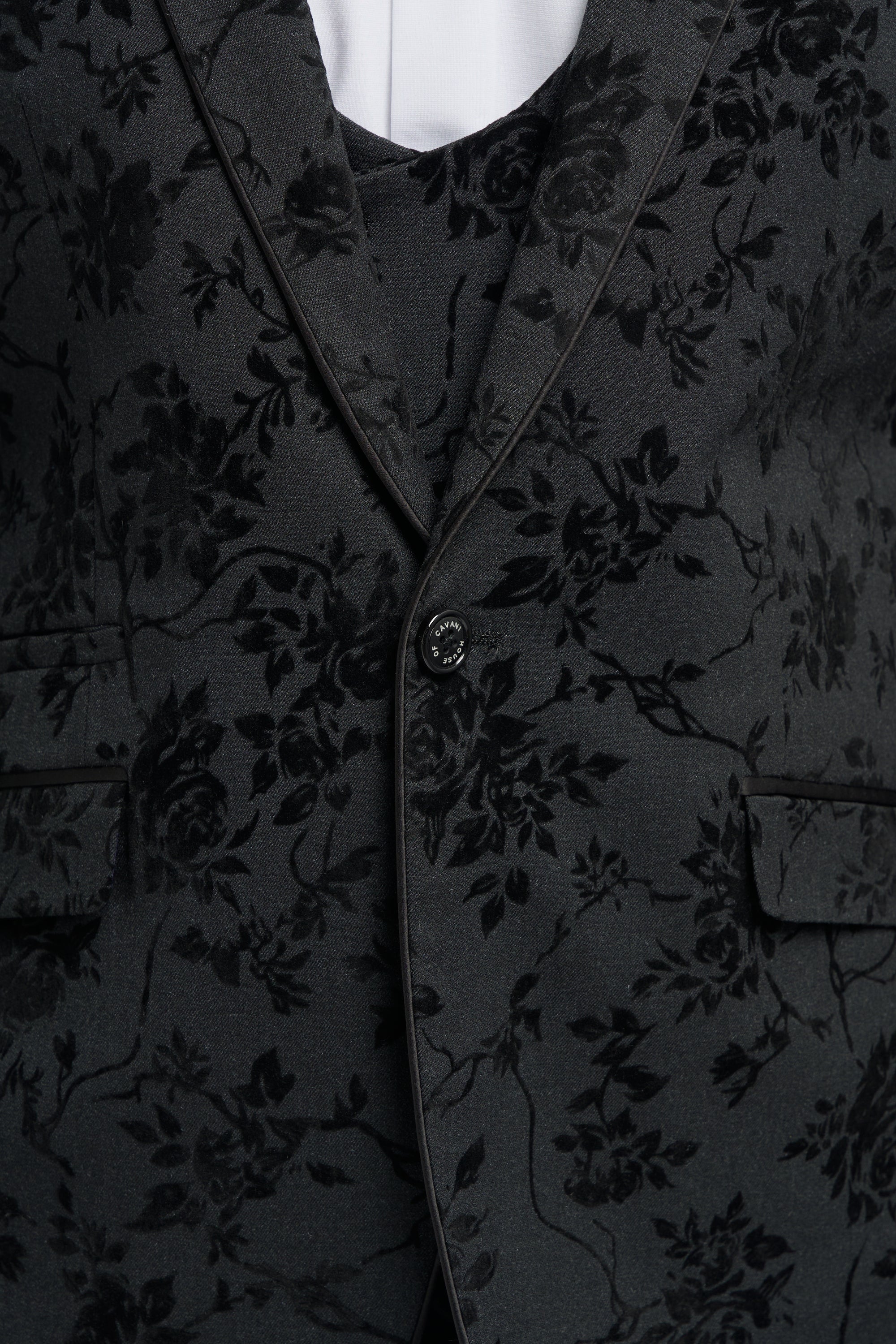 Traje de terciopelo negro de 3 piezas con estampado paisley para hombre
